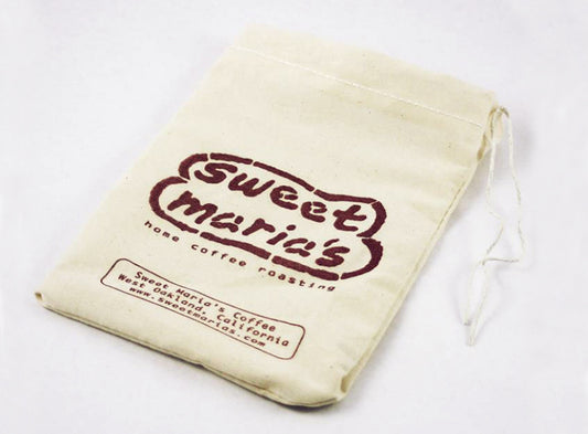 Cotton bag with drawstring closure, holds up to 1 pound of unroasted coffee. The Sweet Maria's logo is printed on the front of the bag