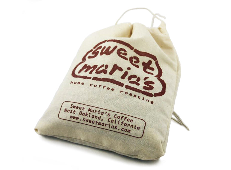  holds up to 1 pound of unroasted coffee. The Sweet Maria's logo is printed on the front of the bag