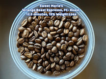 Close-up image of a Full City- roast of our Strange Beasts blend, 12.5 minute roast, 15% weight loss.
