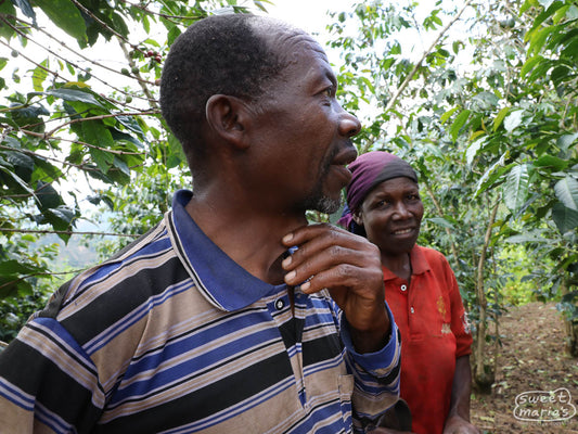 A photo of Isadore and Susana, small holder coffee farmers in Murambi Hill area, from our first visit in 2019.