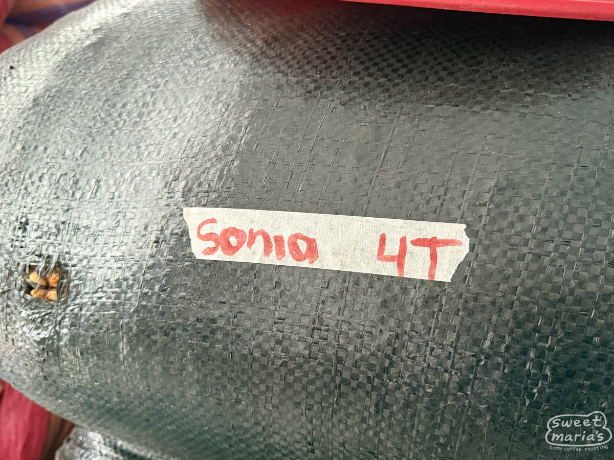 A bag of Sonia's honey process coffee we spotted when visiting the small buying bodega in Aponte.