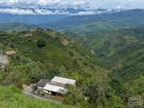 A view of Carlos's home and coffee farm at the top of the ridge in Santa Barbara, Antioquia, Colombia.
