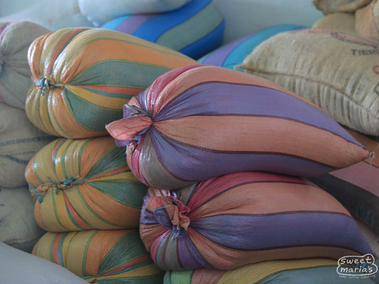 Colorful mylar coffee bags at an association in Huila. This is in La Plata, not La Argentina, which we have yet to visit.