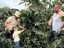 Franky (right) at his farm, Buena Vista, with his father and son. Pitalito, Colombia.