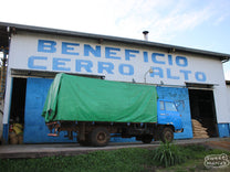 Outside the green coffee storage warehouse at Beneficio Cerro Alto in Costa Rica's Central Valley.