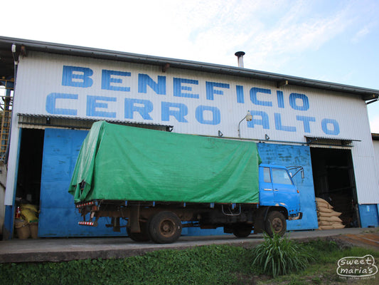 Outside the green coffee storage warehouse at Beneficio Cerro Alto in Costa Rica's Central Valley.