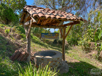 A photo of the Cuscatleco coffee variety drying on raised beds at the Miravalles mill in Ahuachapan, El Salvador.