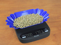 Green coffee beans being weighed out on Escali Versi Coffee Scale