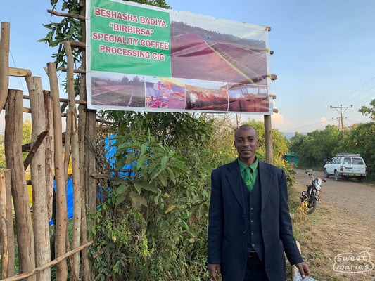 Mohammod, who was the coop manager when we visited in 2019, stands out front of the coffee processing site on the road leading through Beshasha Badiya, Jimma, Ethiopia.
