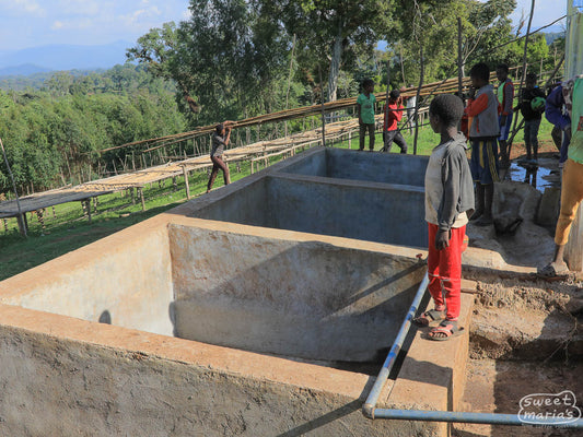 Three cement fermentation tanks at Gure Dako site in Agaro, Ethiopia.
