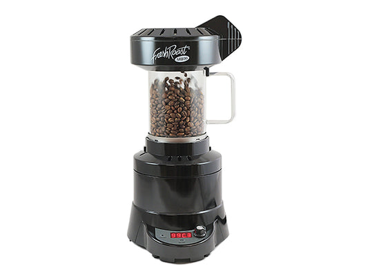 The SR800 electric air roaster with beans circulating in the glass roast chamber