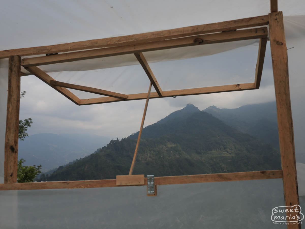 A view of the steep mountain peaks of Michicoy from inside the covered drying room of Rosma.