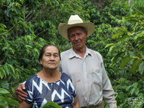 Doña Teodosa Moreno andher husband pose for a photo amidst the coffee plants at their farm. Los Andes, Santa Barbara, Honduras.