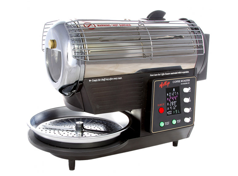 Sideview of the Hottop electric coffee roaster with a programmable control panel and external cooling tray. 