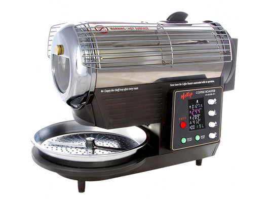 Sideview of the Hottop electric coffee roaster with a programmable control panel and external cooling tray. 