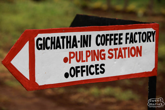 Hand-painted sign at the Gichathaini coffee factory pointing the way to the pulping station where the coffee cherry is removed from the green seeds. Nyeri, Kenya.