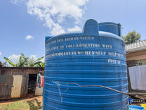 Large blue water tank for community use at the Spike farm site in Kiambu.