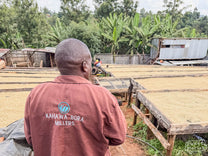 Farm manager, Moses, shows us around the Spike Farm coffee processing site.