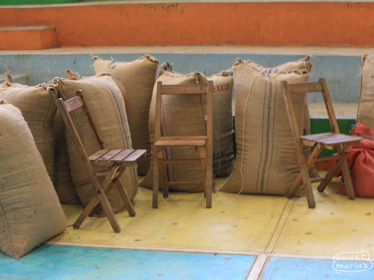 Large woven jute bags filled with dried coffee from the harvest at a farmer's association in Chiapas.