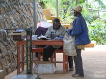  the wet parchment is moved to the drying tables where it is spread to a thin layer to dry in the sun. Migoti coffee washing station