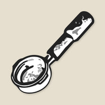 The Sweet Maria's New Classic logo, a drawing of a portafilter for an espresso machine.