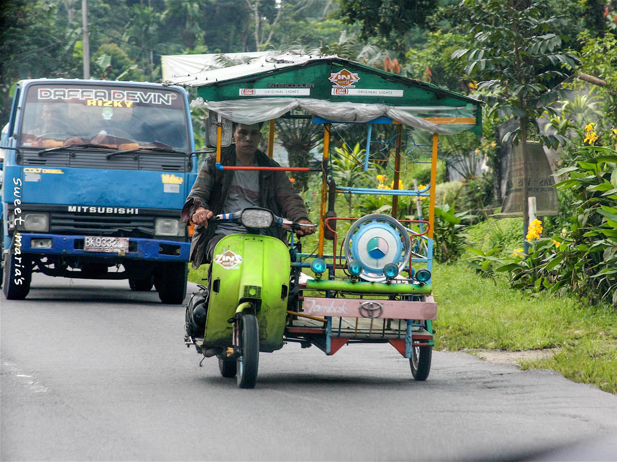 Not a green coffee photo, but this savvy driver avoids the intermittent rains under a homemade cover and utility side car, Lintong Nihota, Sumatra.