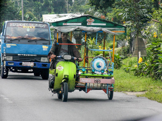 Not a green coffee photo, but this savvy driver avoids the intermittent rains under a homemade cover and utility side car, Lintong Nihota, Sumatra.
