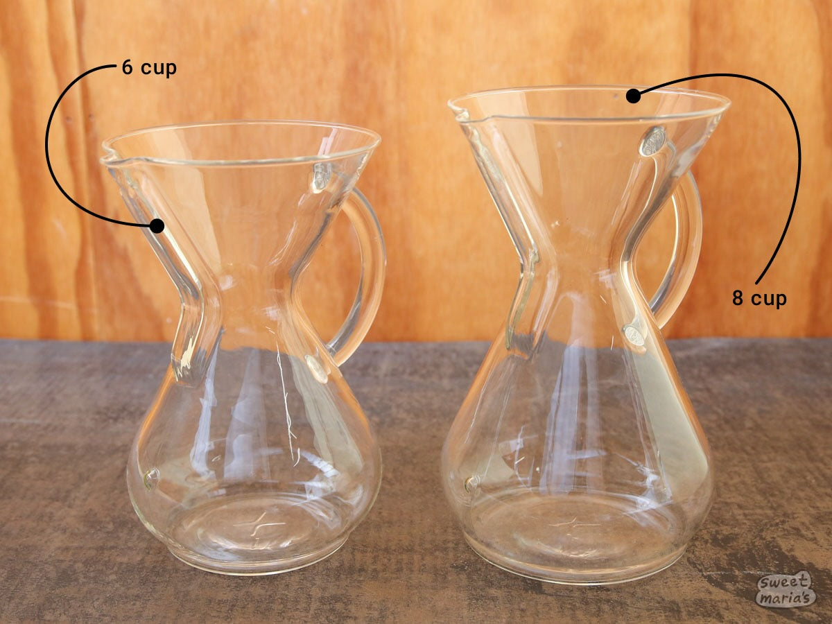 The 6 cup Chemex glass handle brewer is slighter shorter than the 8 cup size.