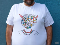 Our Sweet Maria's Coffee Monster Shirt is all white with candy-colored accents.