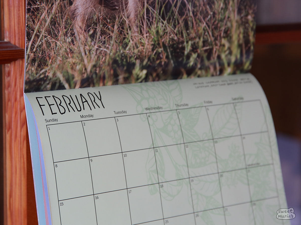 A side-view of a sample page from our 2026 "Dogs" of Coffee Calendar (February).