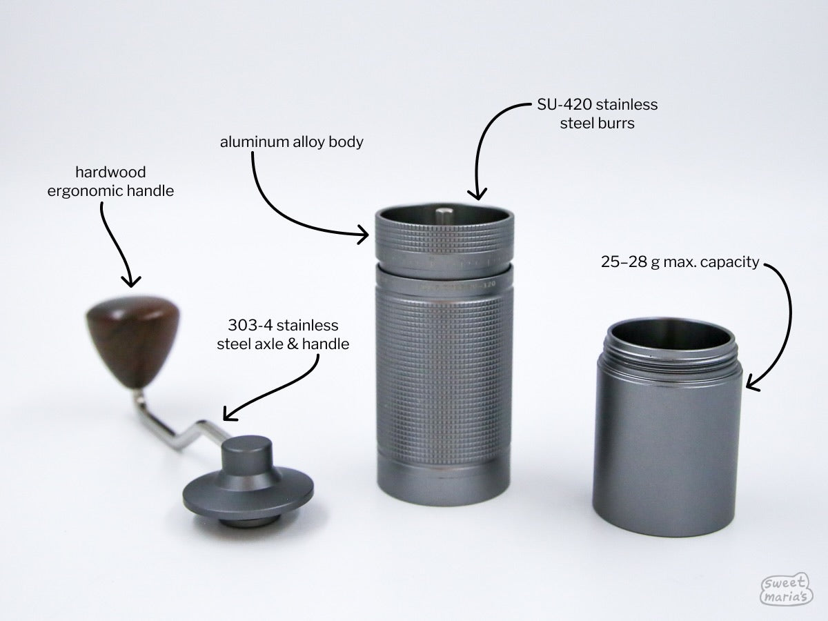Features of the Easy Adjust Hand Grinder with SS Burrs - Silver