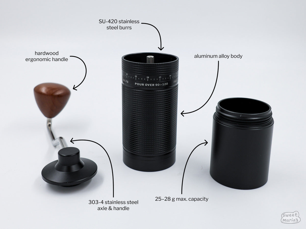 Features of the Easy Adjust Hand Grinder with SS Burrs - Black.