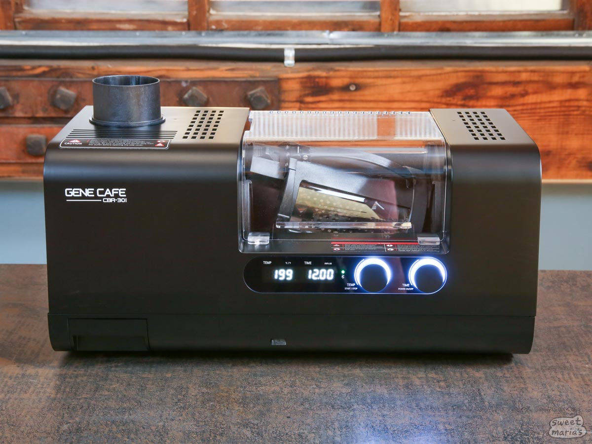 The Gene Cafe CBR-301 is a hybrid air and drum roaster with increased batch size, updated drum and fan settings, and app connectivity via bluetooth.