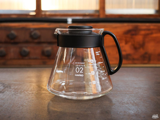The Hario V60 Glass Carafe holds approximately 600 ml, or 20 oz of your fresh coffee.